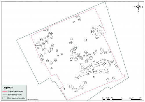 Fig. 1. Planul suprafeței cercetate și complexele arheologice descoperite.